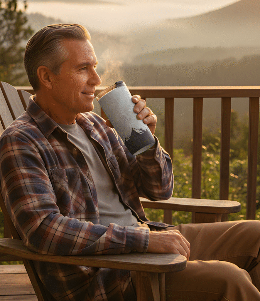 man sipping coffee from his printed tumbler