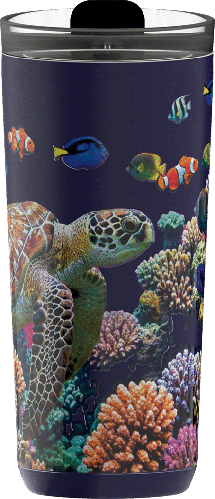 printed bottle depicting reef and sea turtle