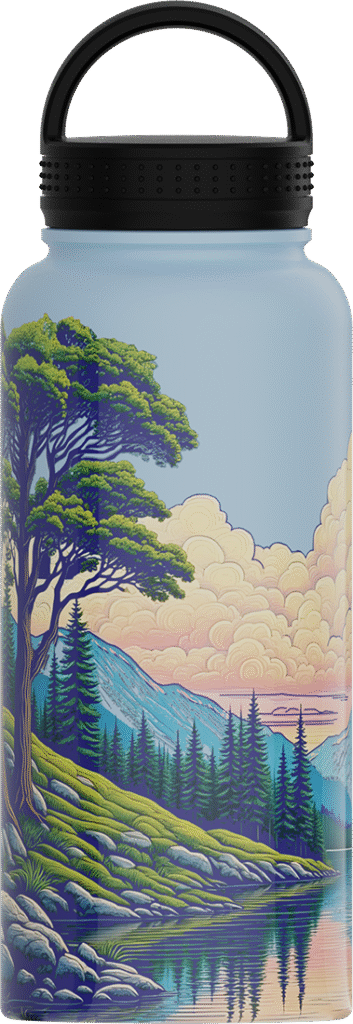 printed bottle depicting a scenic mountain